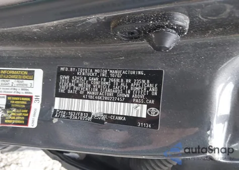 2008 Toyota Camry Le из США, поврежденный, VIN 4T1BE46K28U227457